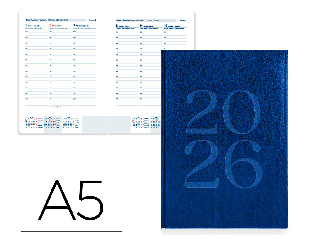 AGENDA ENCUADERNADA LIDERPAPEL CRETA 150X210 MM 2026 SEMANA VISTA AZUL PAPEL 70 GR