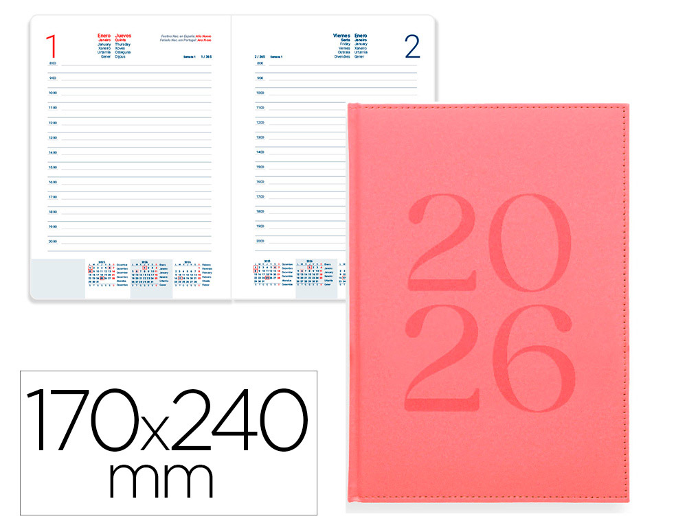 AGENDA ENCUADERNADA LIDERPAPEL CRETA 170X240 MM 2026 DIA PAGINA PINK PAPEL 70 GR
