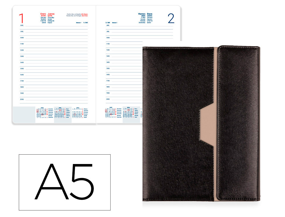 AGENDA ENCUADERNADA INTERIOR DE ANILLAS LIDERPAPEL NERO 150X210 MM 2026 DIA PAGINA PAPEL 70 GR FSC