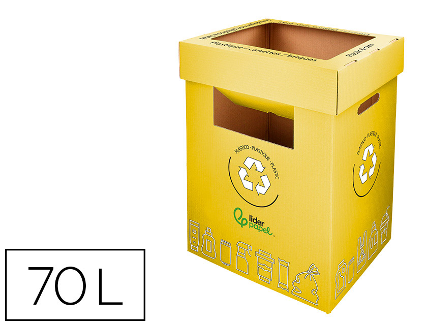 CONTENEDOR PAPELERA RECICLAJE LIDERPAPEL CARTON RECICLADO PARA ENVASES 450X350X650 MM 70 LITROS AMARILLO