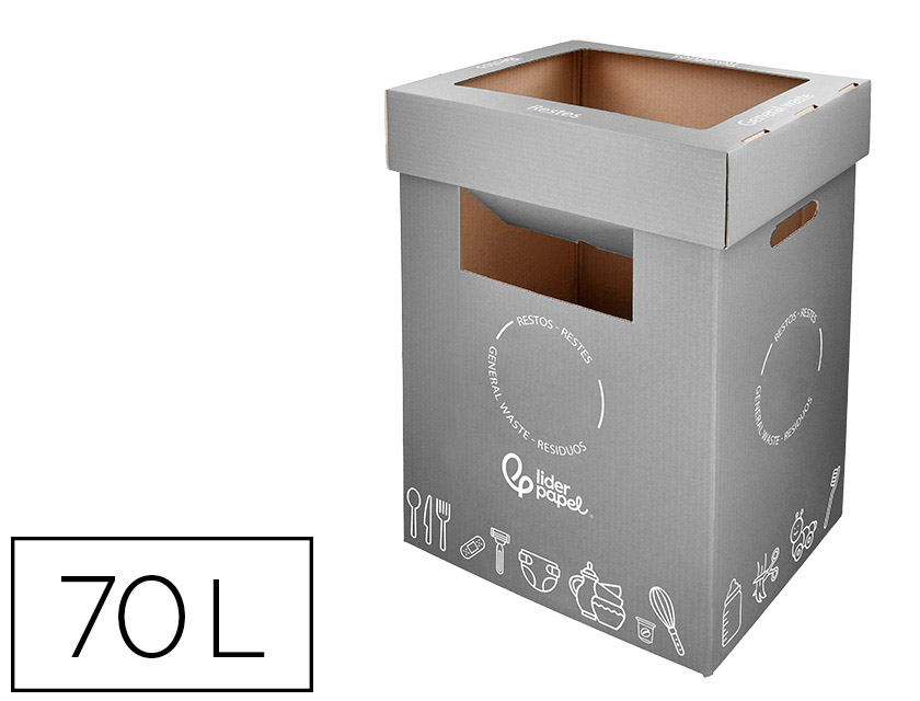 CONTENEDOR PAPELERA RECICLAJE LIDERPAPEL CARTON RECICLADO PARA RESTOS NO RECICLABLES 70 LITROS 450X350X650 MM GRIS