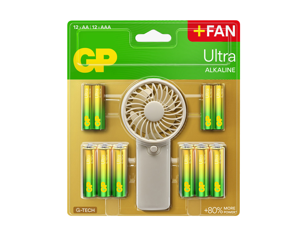 PILA GP ULTRA ALCALINA BLISTER DE 12 UNIDADES AA + 12 UNIDADES AAA + VENTILADOR DE MANO