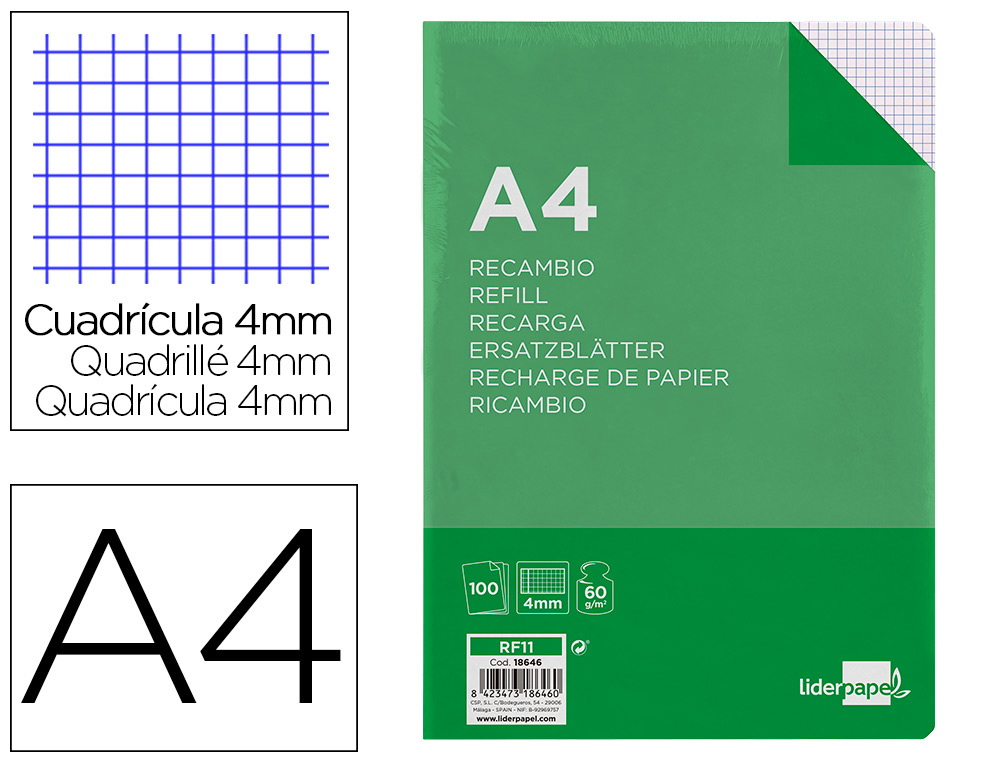 RECAMBIO LIDERPAPEL A4 100 HOJAS 60G/M2 CUADRO 4 MM CON MARGEN 16 TALADROS