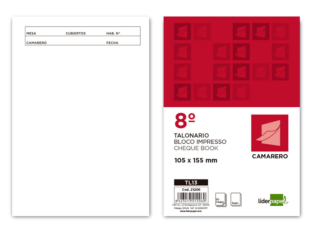 TALONARIO LIDERPAPEL CAMARERO 8 ORIGINAL Y COPIA TL13
