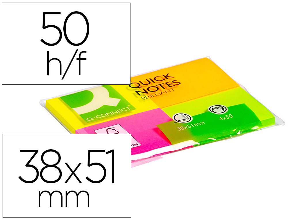 BLOC DE NOTAS ADHESIVAS QUITA Y PON Q-CONNECT 38X51 MM CON 50 HOJAS FLUORESCENTES PACK DE 4 UNIDADES