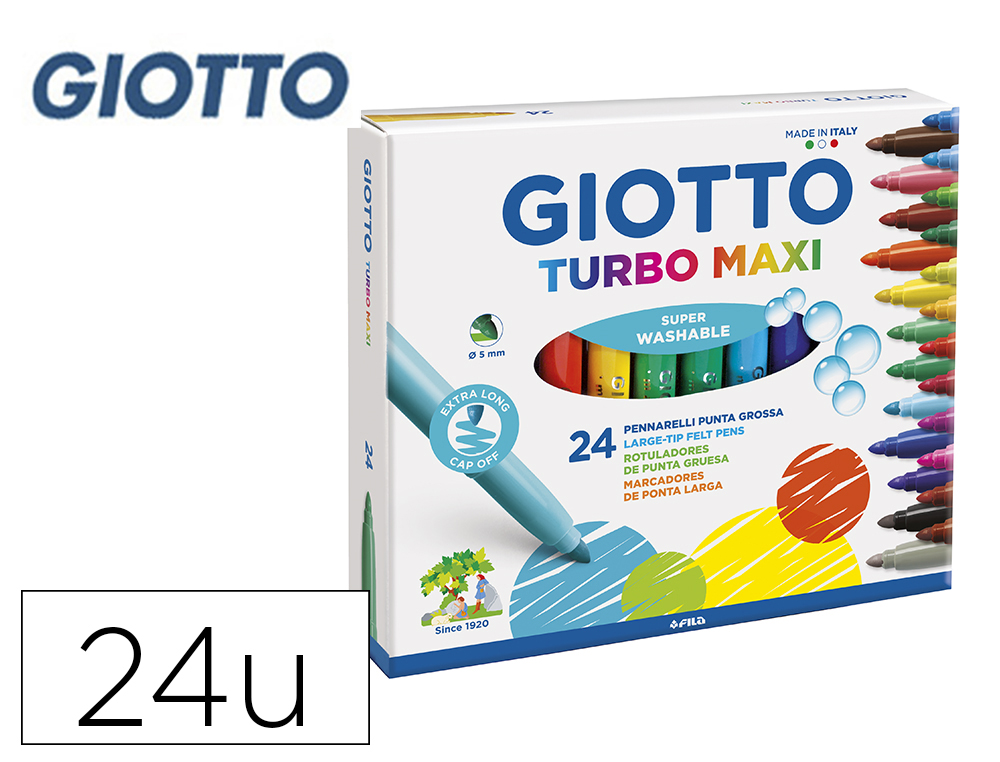 ROTULADOR GIOTTO TURBO MAXI CAJA DE 24 COLORES LAVABLES CON PUNTA BLOQUEADA