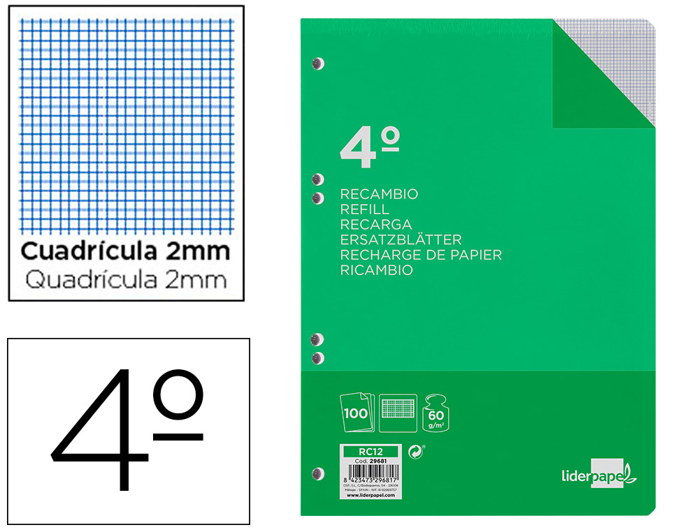 RECAMBIO LIDERPAPEL CUARTO 100 HOJAS 60G/M2 MILIMETRADO SIN MARGEN 6 TALADROS
