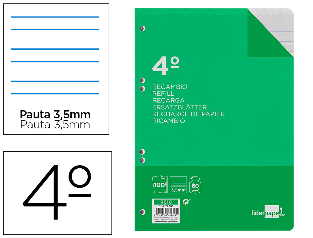 RECAMBIO LIDERPAPEL CUARTO 100 HOJAS 60G/M2 PAUTA 4 3.5MM CON MARGEN 6 TALADROS