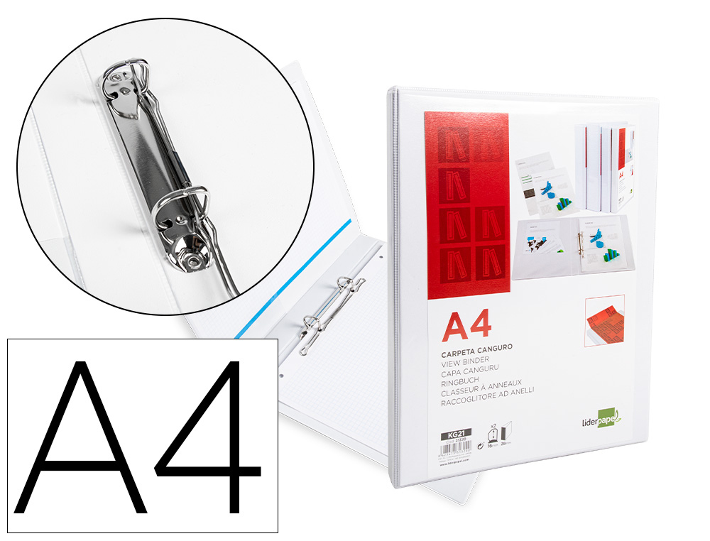 CARPETA CANGURO 2 ANILLAS MIXTAS 16MM LIDERPAPEL A4 PLASTICO COLOR BLANCO