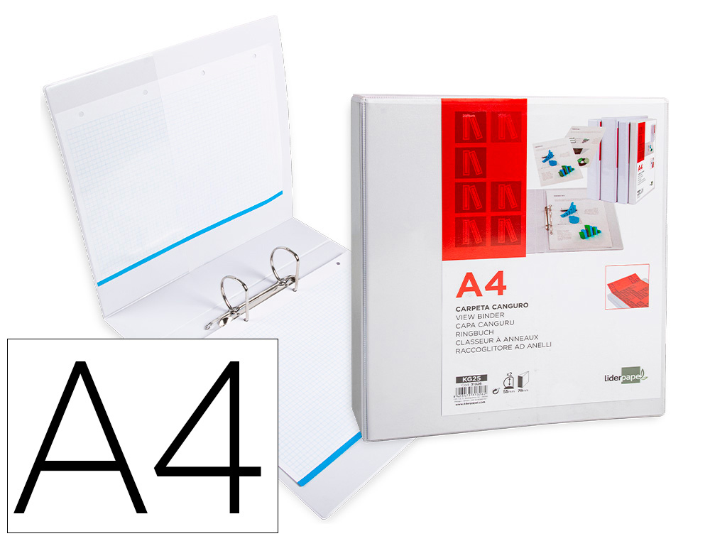 CARPETA CANGURO 2 ANILLAS MIXTAS 55MM LIDERPAPEL A4 PLASTICO COLOR BLANCO