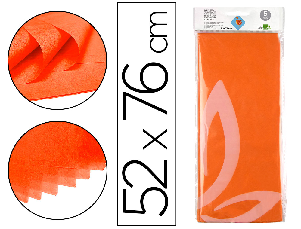 PAPEL SEDA LIDERPAPEL 52X76CM 18G/M2 BOLSA DE 5 HOJAS NARANJA