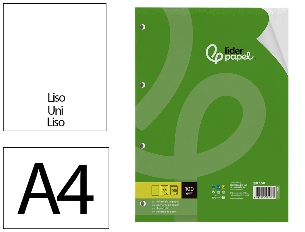 RECAMBIO LIDERPAPEL A4 100 HOJAS 100G/M2 LISO SIN MARGEN 4 TALADROS