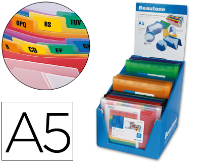 CARPETA LIDERPAPEL CLASIFICADOR FUELLE POLIPROPILENO A5 EXPOSITOR DE 12 UNIDADES COLORES SURTIDOS