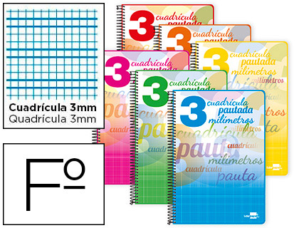 CUADERNO ESPIRAL LIDERPAPEL FOLIO PAUTAGUIA TAPA BLANDA 80H 75GR CUADRO PAUTADO 3MM CO N MARGEN COLORES SURTIDOS