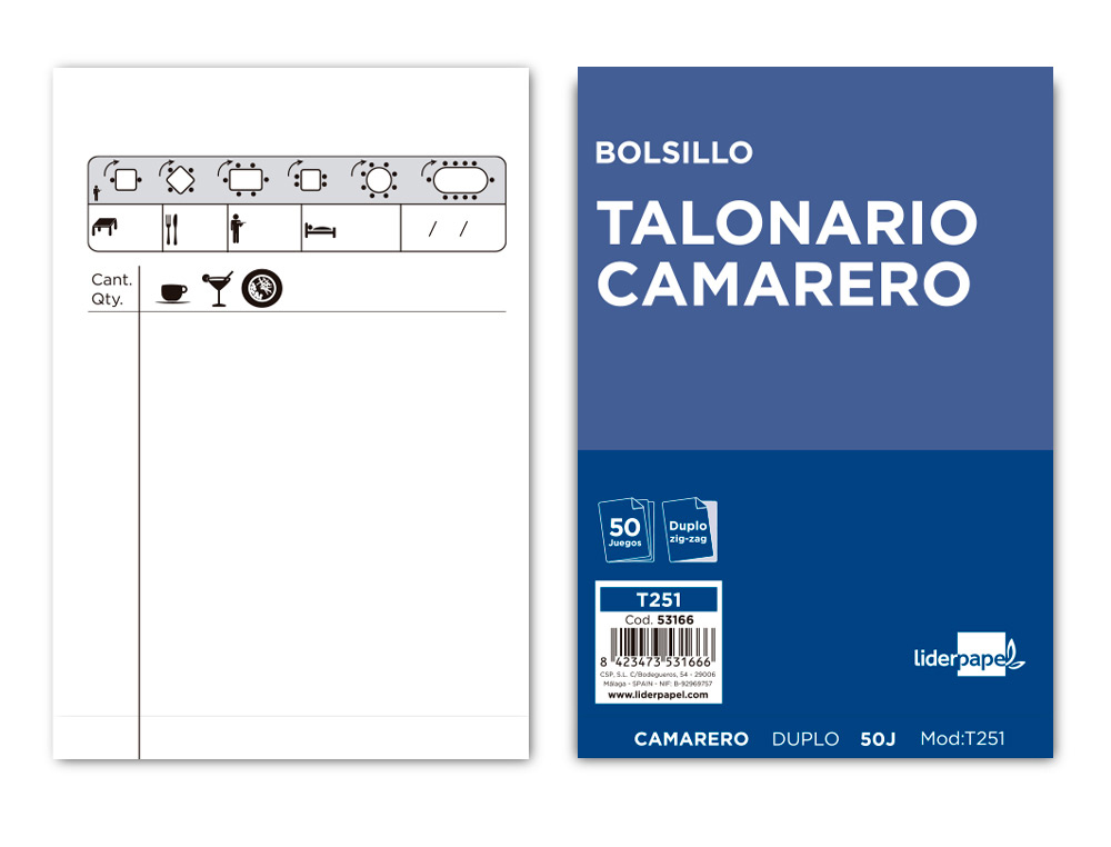 TALONARIO LIDERPAPEL CAMARERO BOLSILLO ORIGINAL Y COPIA T251 ZIG ZAG