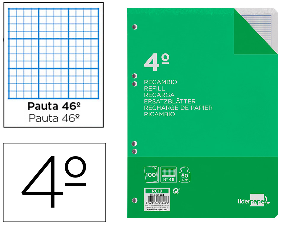 RECAMBIO LIDERPAPEL CUARTO 100 HOJAS 60G/M2 RAYADO N 46 6 TALADROS