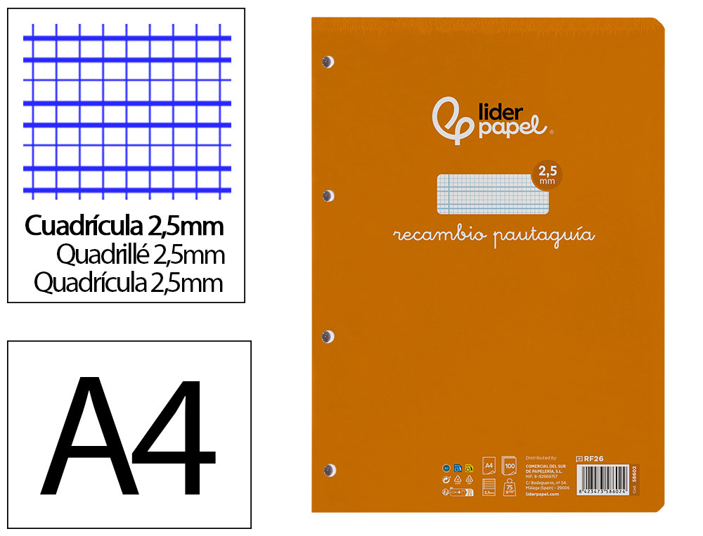 RECAMBIO LIDERPAPEL A4 PAUTAGUIA 100 HOJAS 75 G/M2 CUADRICULADO PAUTADO 2,5MM CON MARGEN 4 TALADROS