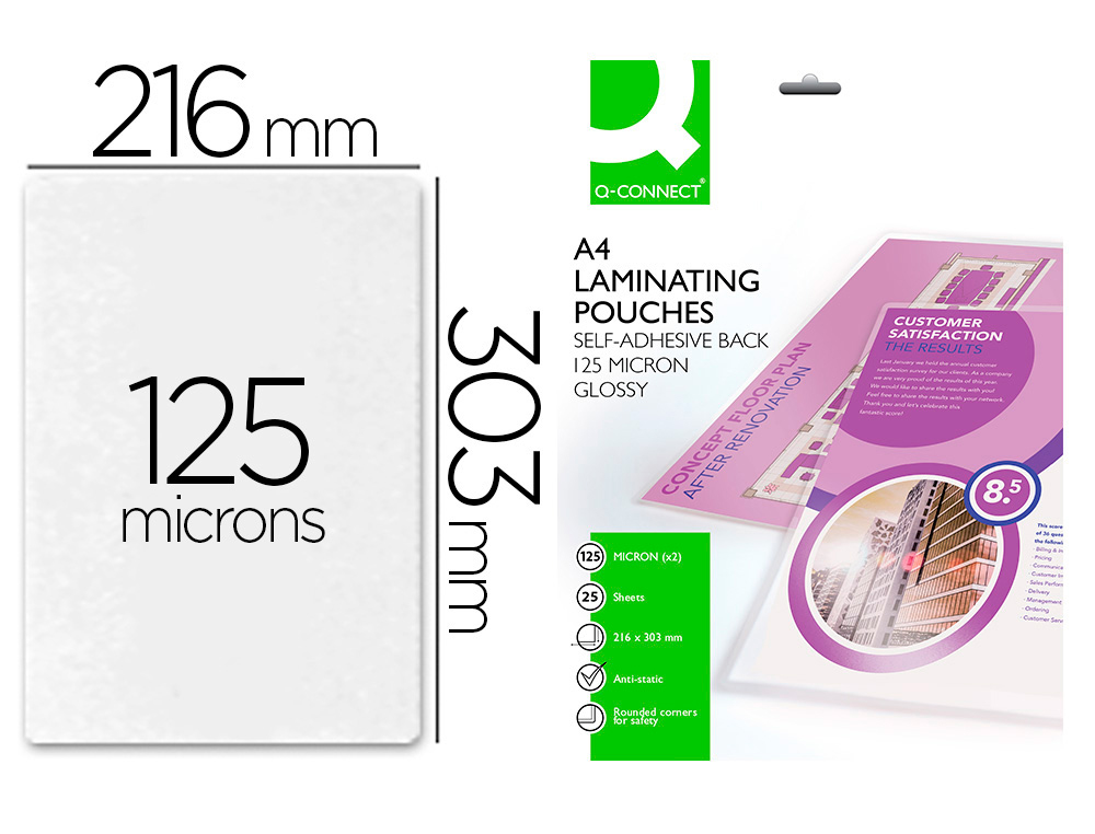 BOLSA DE PLASTIFICAR Q-CONNECT 303 X 216 MM 125 MC DIN A4 AUTOADHESIVAS CAJA DE 25 UNIDADES