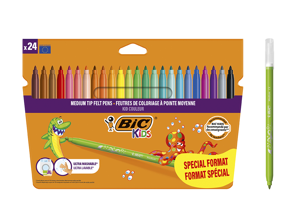ROTULADOR BIC KIDS COULEUR ESTUCHE DE 24 COLORES TINTA BASE DE AGUA LAVABLE