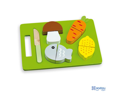 JUEGO ANDREUTOYS BANDEJA ALIMENTOS PARA CORTAR 21,4X15X3 CM