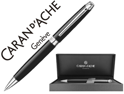 BOLIGRAFO CARAN D'ACHE LEMAN EBONY LACA CHINA NEGRA ADORNOS PLATEADOS RODIADOS CON ESTUCHE Y PUNTA MEDIA