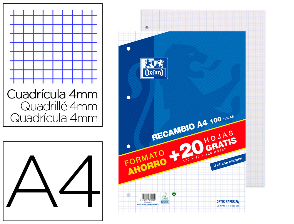 RECAMBIO OXFORD A4 100 + 20 HOJAS GRATIS 90 GR CUADRO 4MM 4 TALADROS