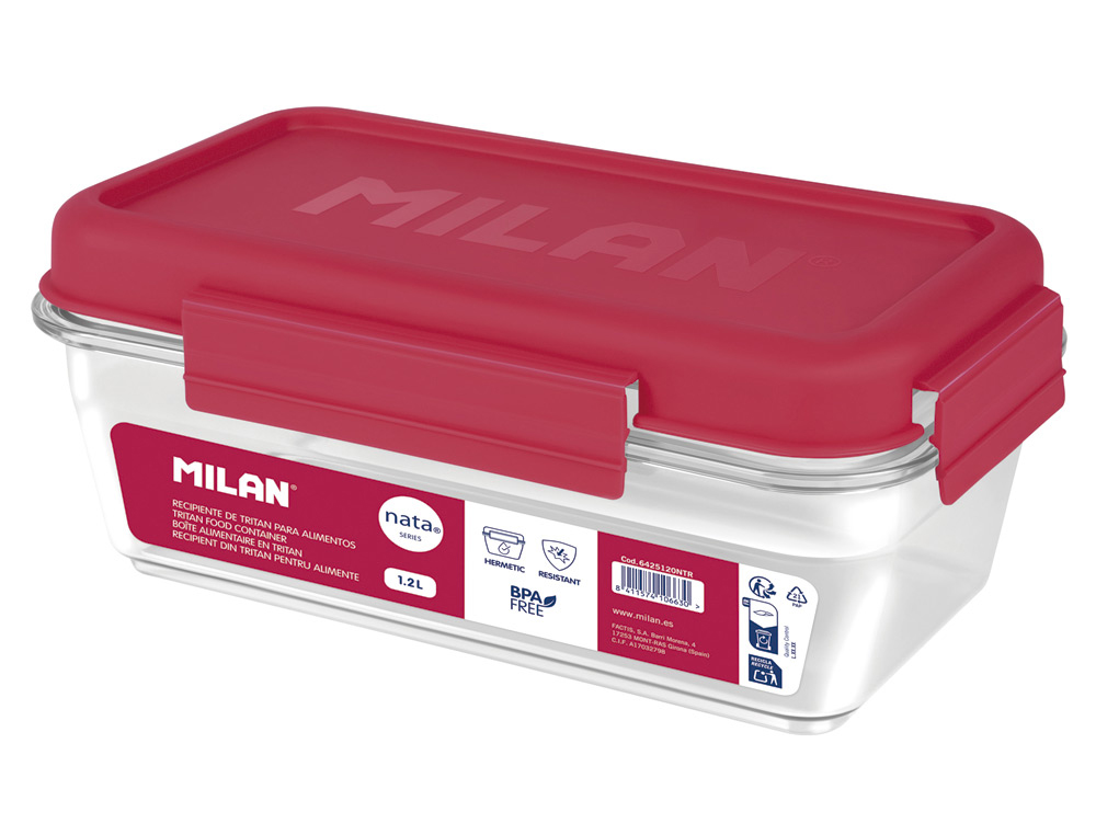 FIAMBRERA MILAN TRITAN SERIE NATA 624 HERMETICA RECTANGULAR CAPACIDAD 1,2 LITROS COLOR ROSA