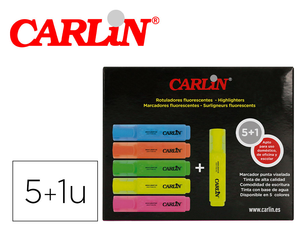 ROTULADOR CARLIN FLUORESCENTE PUNTA BISELADA CAJA DE 5+1 UNIDADES COLORES SURTIDOS