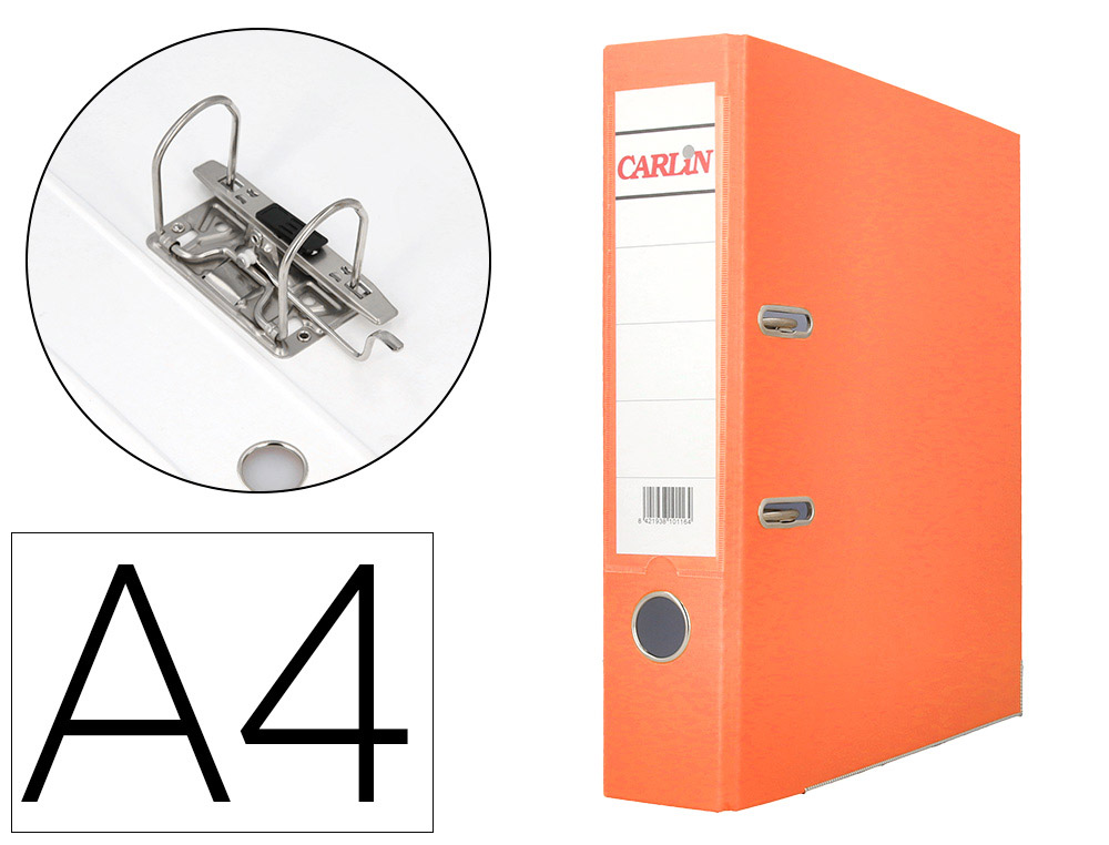 ARCHIVADOR DE PALANCA CARLIN DIN A4 FORRADO POLIPROPILENO CON RADO LOMO ANCHO 75 MM NARANJA
