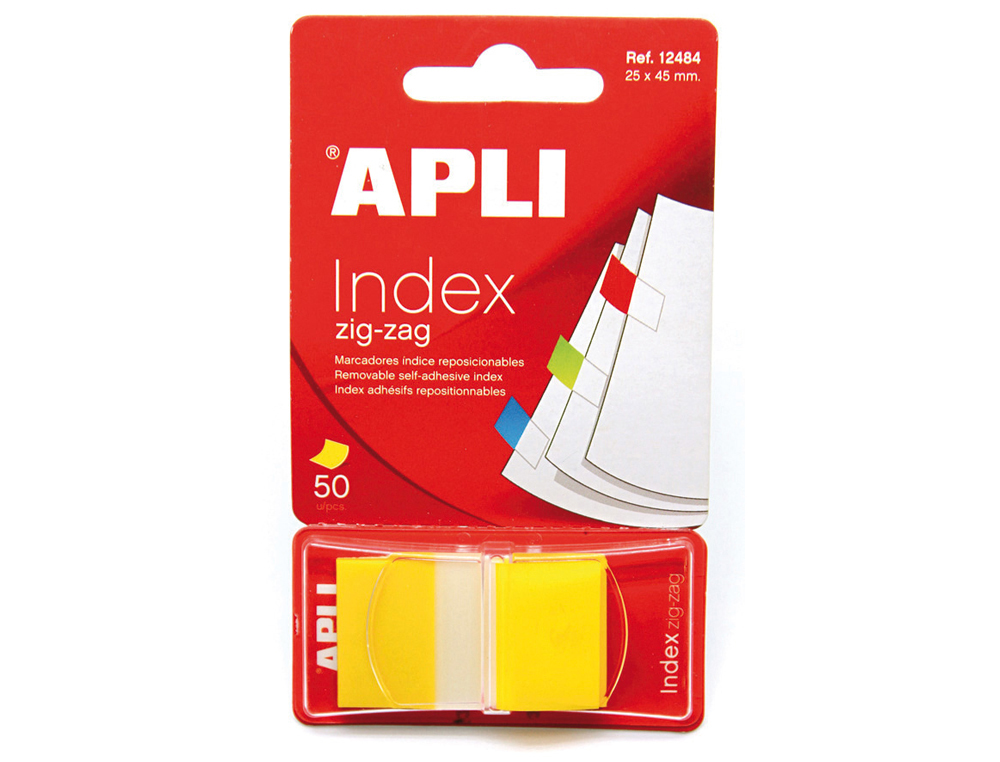 BANDERITAS SEPARADORAS APLI AMARILLAS ZIG-ZAG 45X25 MM DISPENSADOR DE 50 UNIDADES