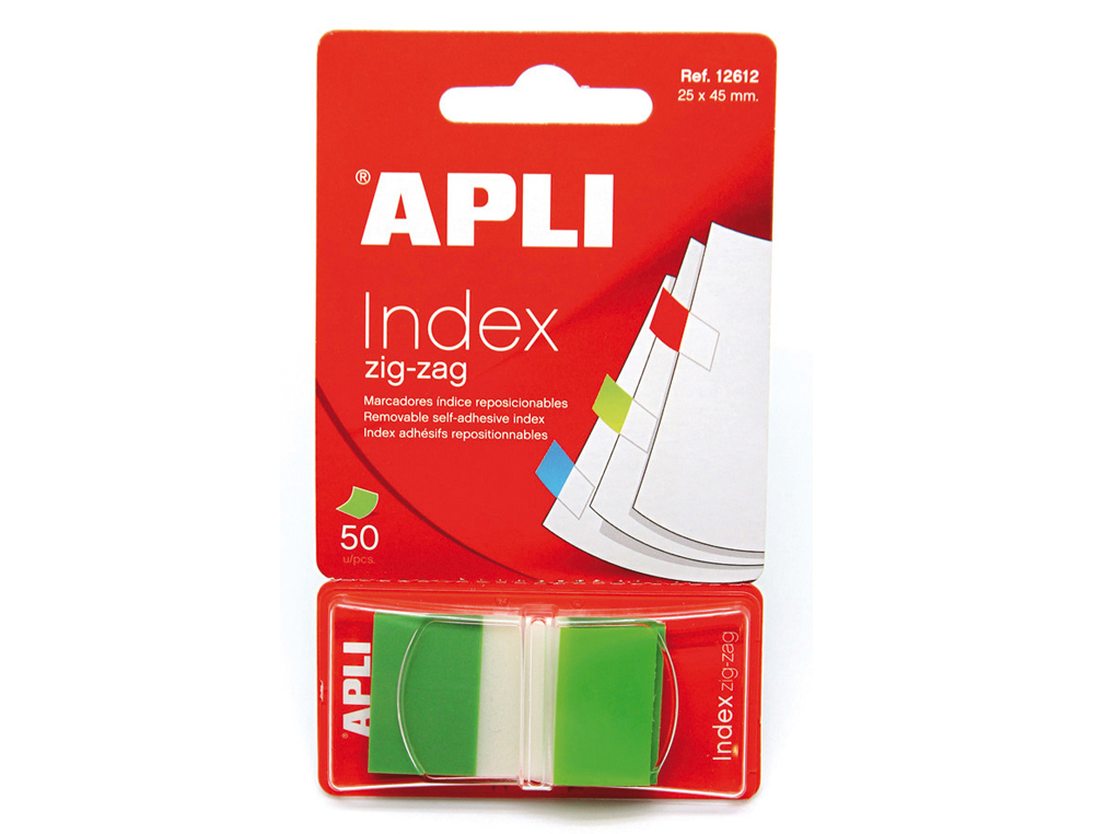 BANDERITAS SEPARADORAS APLI VERDES ZIG-ZAG 45X25 MM DISPENSADOR DE 50 UNIDADES