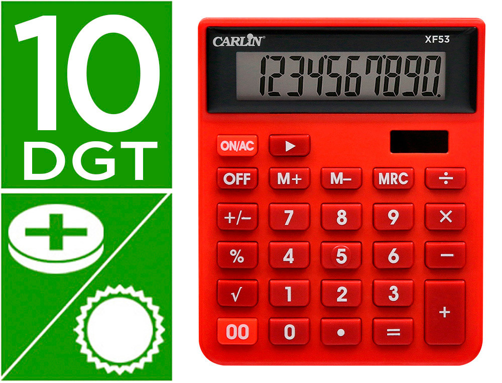 CALCULADORA CARLIN SOBREMESA 10 DIGITOS SOLAR Y PILAS COLOR ROJO 127X105X24 MM