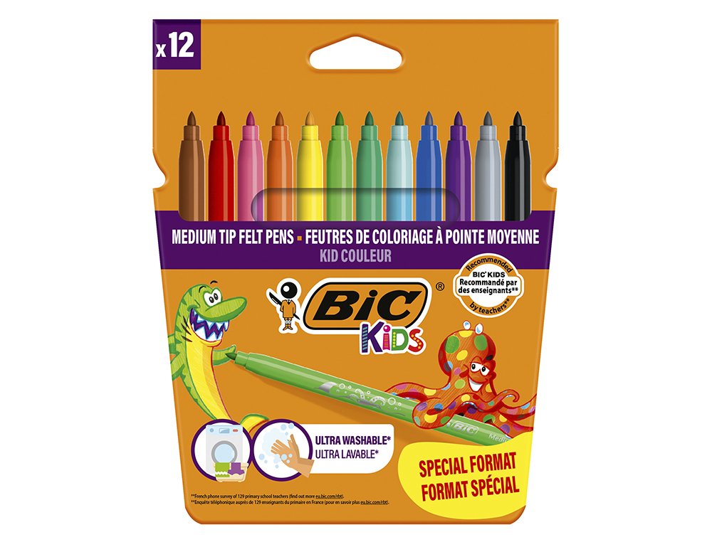 ROTULADOR BIC KIDS COULEUR ESTUCHE DE 12 FORMATO ESPECIALCOLORES SURTIDOS TINTA BASE DE AGUA LAVABLE