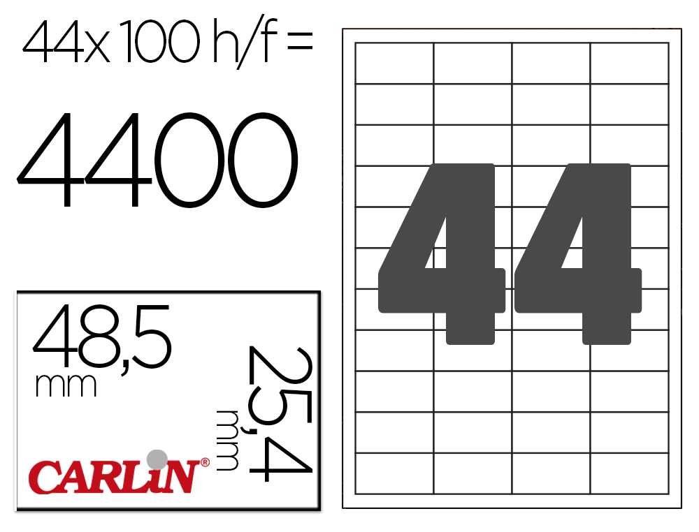 ETIQUETA ADHESIVA CARLIN 48,5X25,4 MM FOTOCOPIADORA LASER INK-JET CAJA DE 100 HOJAS DIN A4