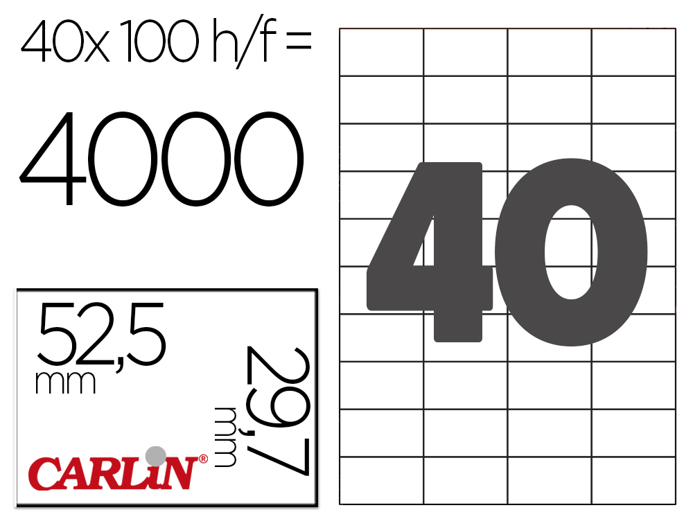 ETIQUETA ADHESIVA CARLIN 52,5X29,7 MM FOTOCOPIADORA LASER INK-JET CAJA DE 100 HOJAS DIN A4